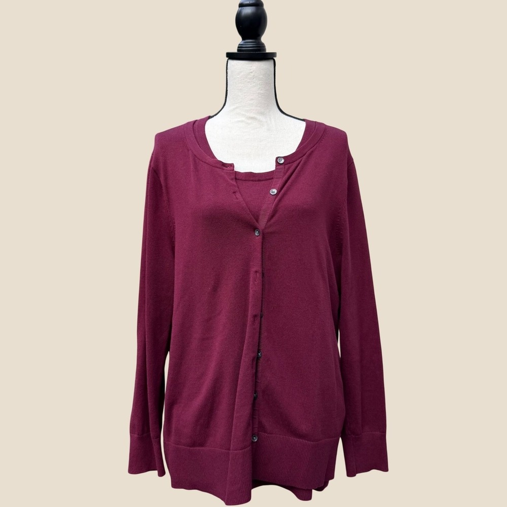 Lands End Burgundy Two Piece Cardigan and Shell Sweater Twin Set Wine Red